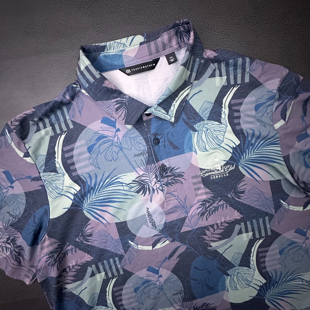 Travis Mathews Shirt Mens 2XL Blue Performance Golf Polo Geometric Cotton Blend